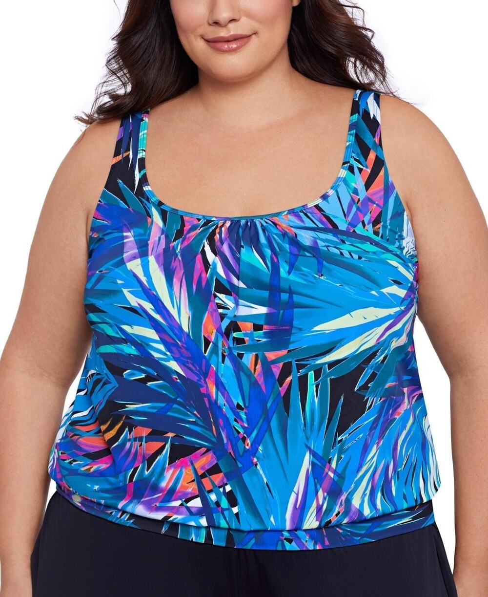 Swim Solutions Women Plus Size Blouson Tankini Top Flirty Tropical 18W NWT